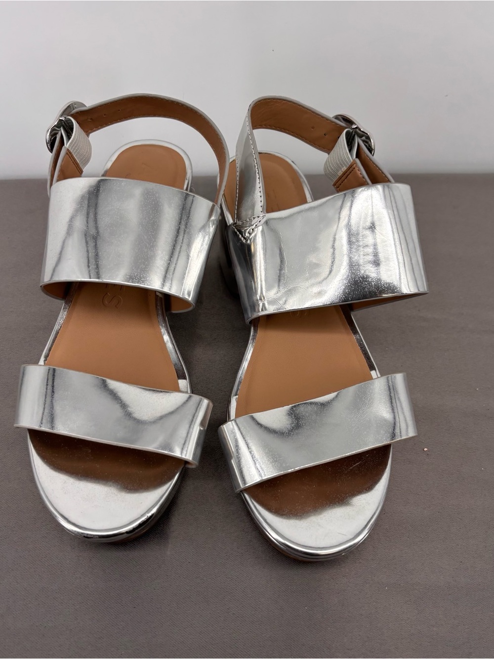 Metallic Silver Wide‑Strap Slingback Sandals for Women